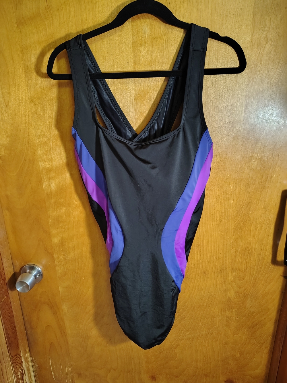 Lands' End Black One-Piece Swimsuit with Purple and Violet Panels